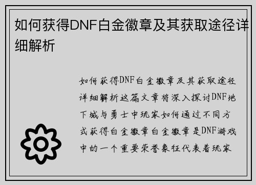 如何获得DNF白金徽章及其获取途径详细解析